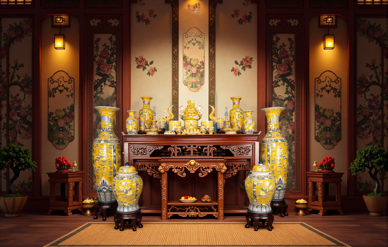 Beautifully decorated interior featuring traditional Chinese porcelain and wooden furniture.
